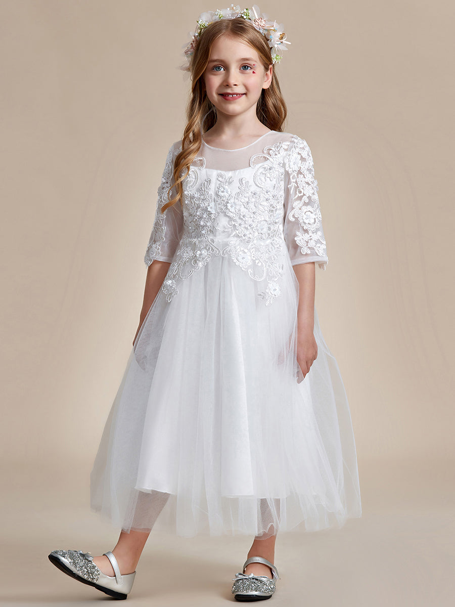 Robe Enfant d'Honneur en dentelle brodée et tulle avec manches mi-longues #couleur_Blanc Robe Enfant d'Honneur en dentelle brodée et tulle avec manches mi-longues
