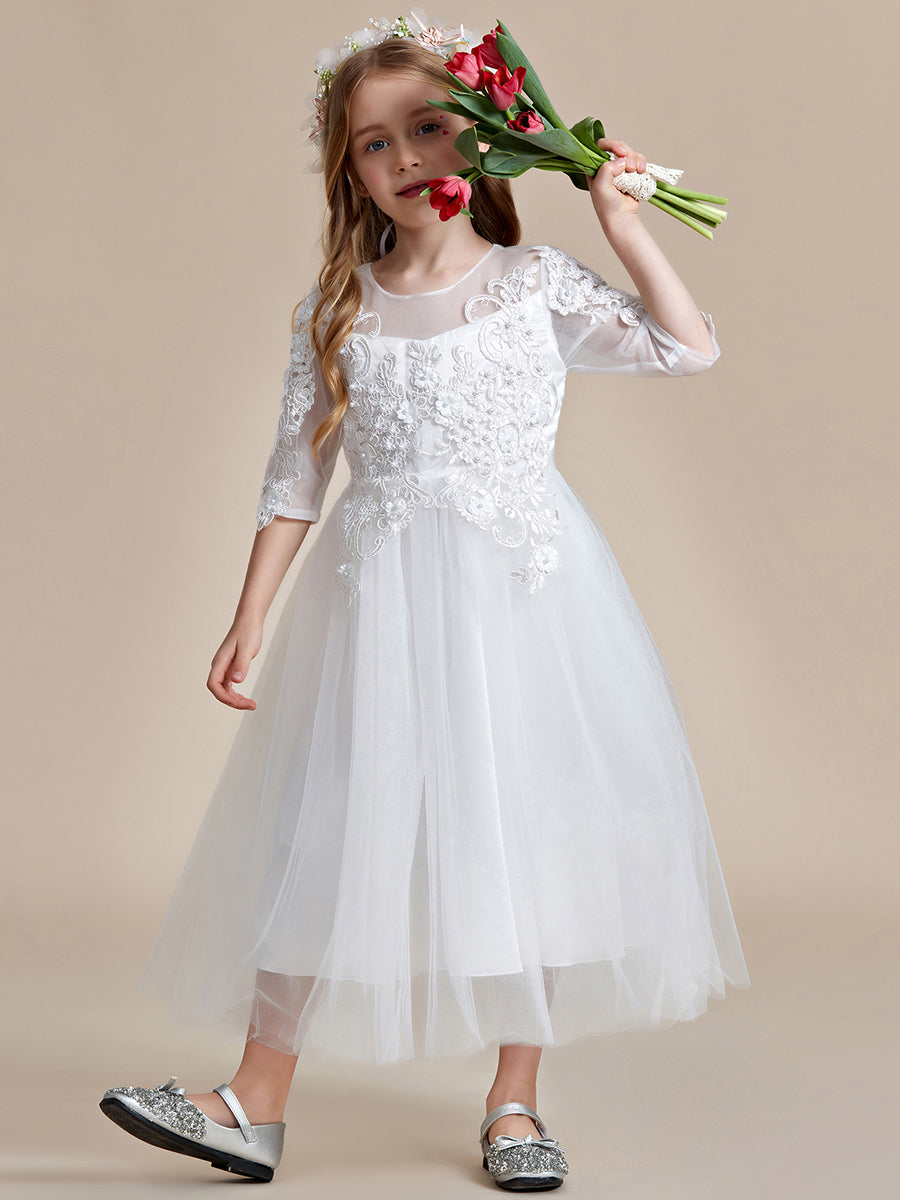 Robe Enfant d'Honneur en dentelle brodée et tulle avec manches mi-longues #couleur_Blanc Robe Enfant d'Honneur en dentelle brodée et tulle avec manches mi-longues