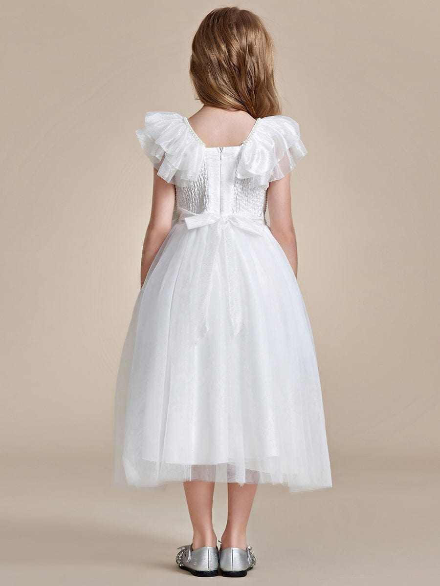 Robe Enfant d'Honneur Charmante en tulle Col rond avec nœud #Couleur_Blanc Robe Enfant d'Honneur Charmante en tulle Col rond avec nœud