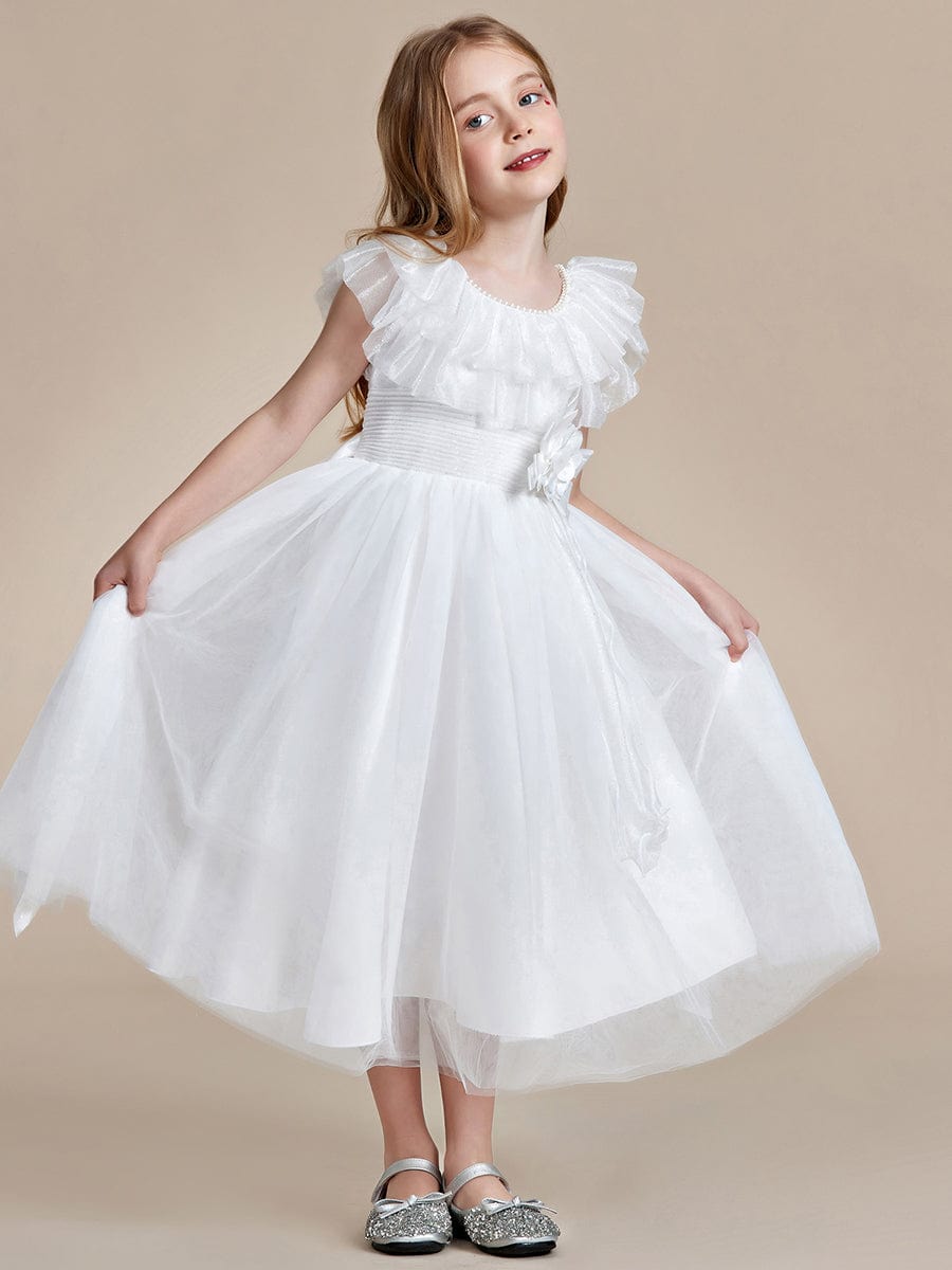 Robe Enfant d'Honneur Charmante en tulle Col rond avec nœud #Couleur_Blanc Robe Enfant d'Honneur Charmante en tulle Col rond avec nœud