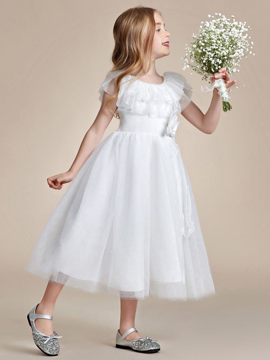 Robe Enfant d'Honneur Charmante en tulle Col rond avec nœud #Couleur_Blanc Robe Enfant d'Honneur Charmante en tulle Col rond avec nœud