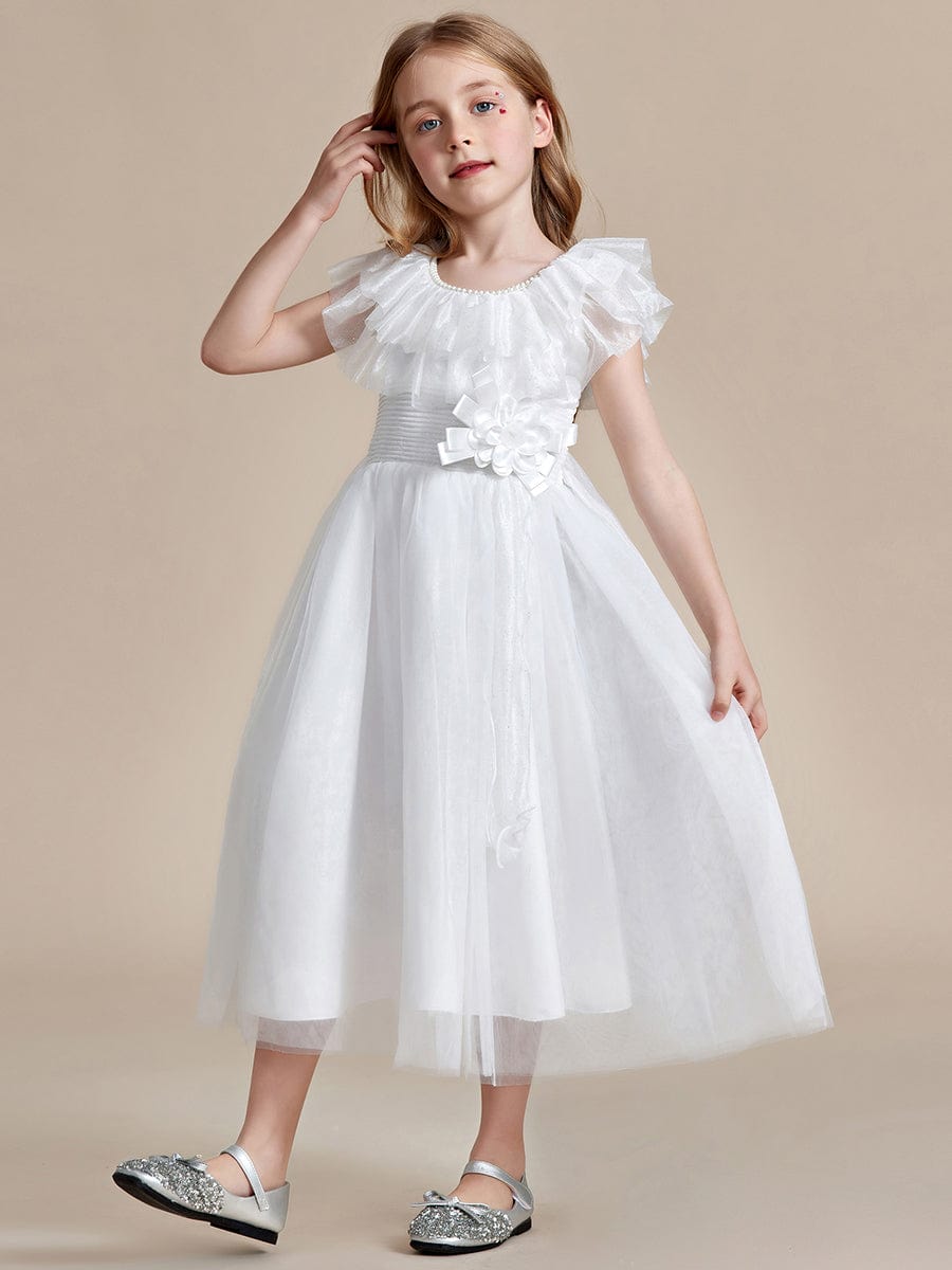 Robe Enfant d'Honneur Charmante en tulle Col rond avec nœud #Couleur_Blanc Robe Enfant d'Honneur Charmante en tulle Col rond avec nœud