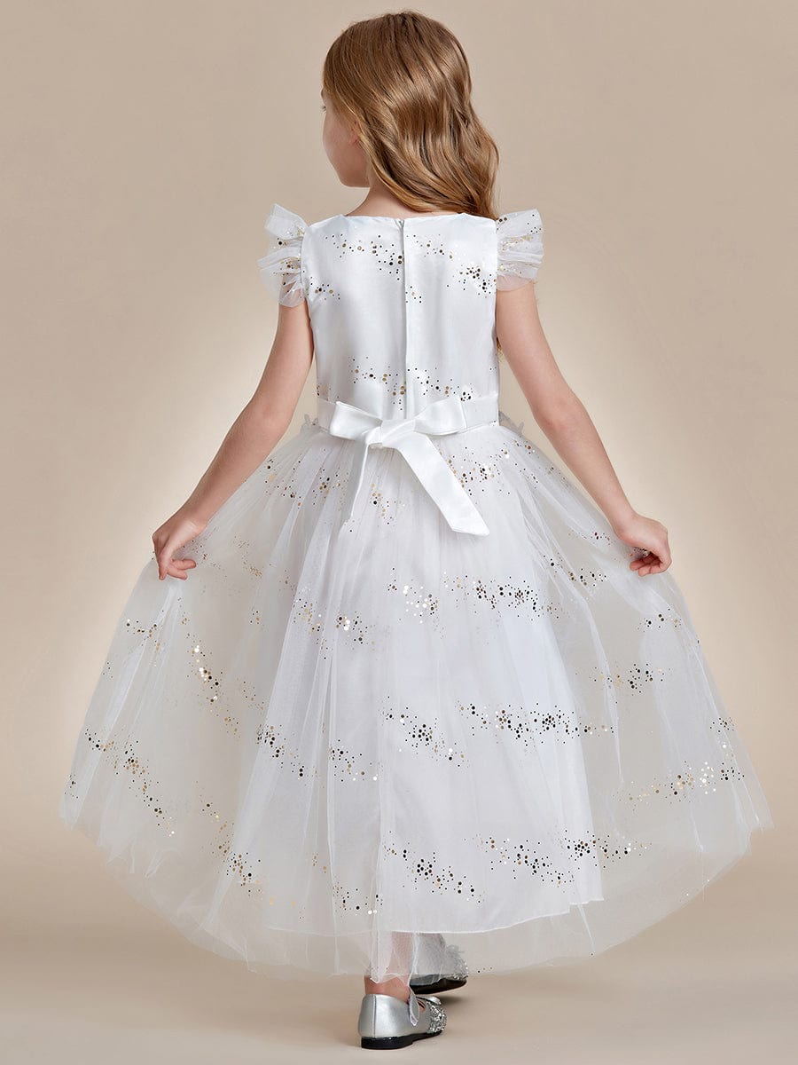 Robe Enfant d'Honneur princesse en dentelle et paillettes à manches volantées #Couleur_Blanc Robe Enfant d'Honneur princesse en dentelle et paillettes à manches volantées