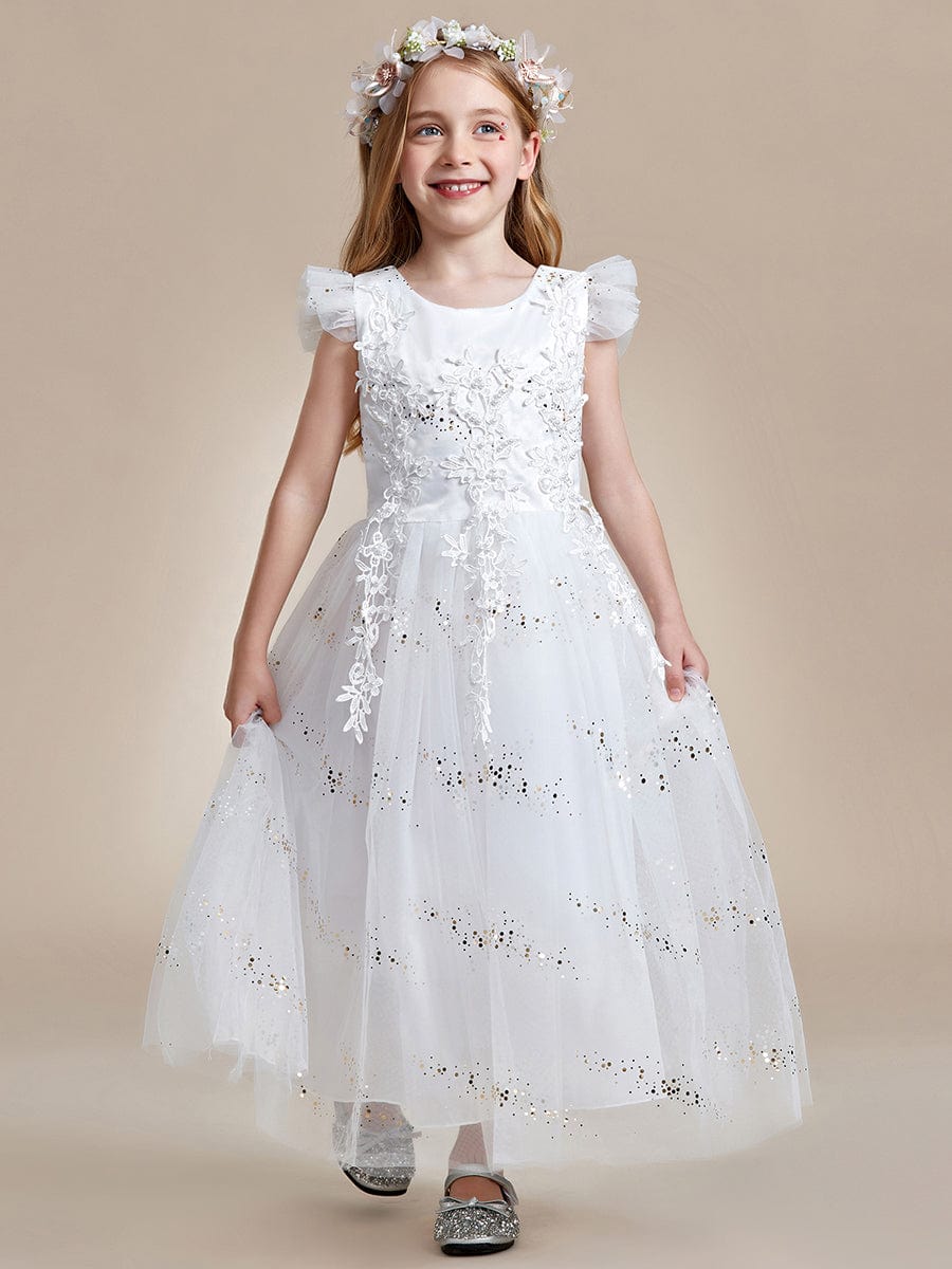 Robe Enfant d'Honneur princesse en dentelle et paillettes à manches volantées #Couleur_Blanc Robe Enfant d'Honneur princesse en dentelle et paillettes à manches volantées