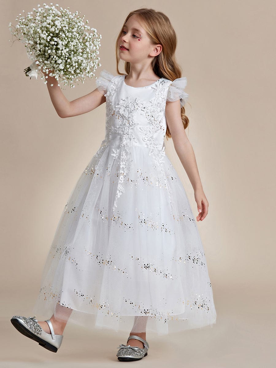 Robe Enfant d'Honneur princesse en dentelle et paillettes à manches volantées #Couleur_Blanc Robe Enfant d'Honneur princesse en dentelle et paillettes à manches volantées