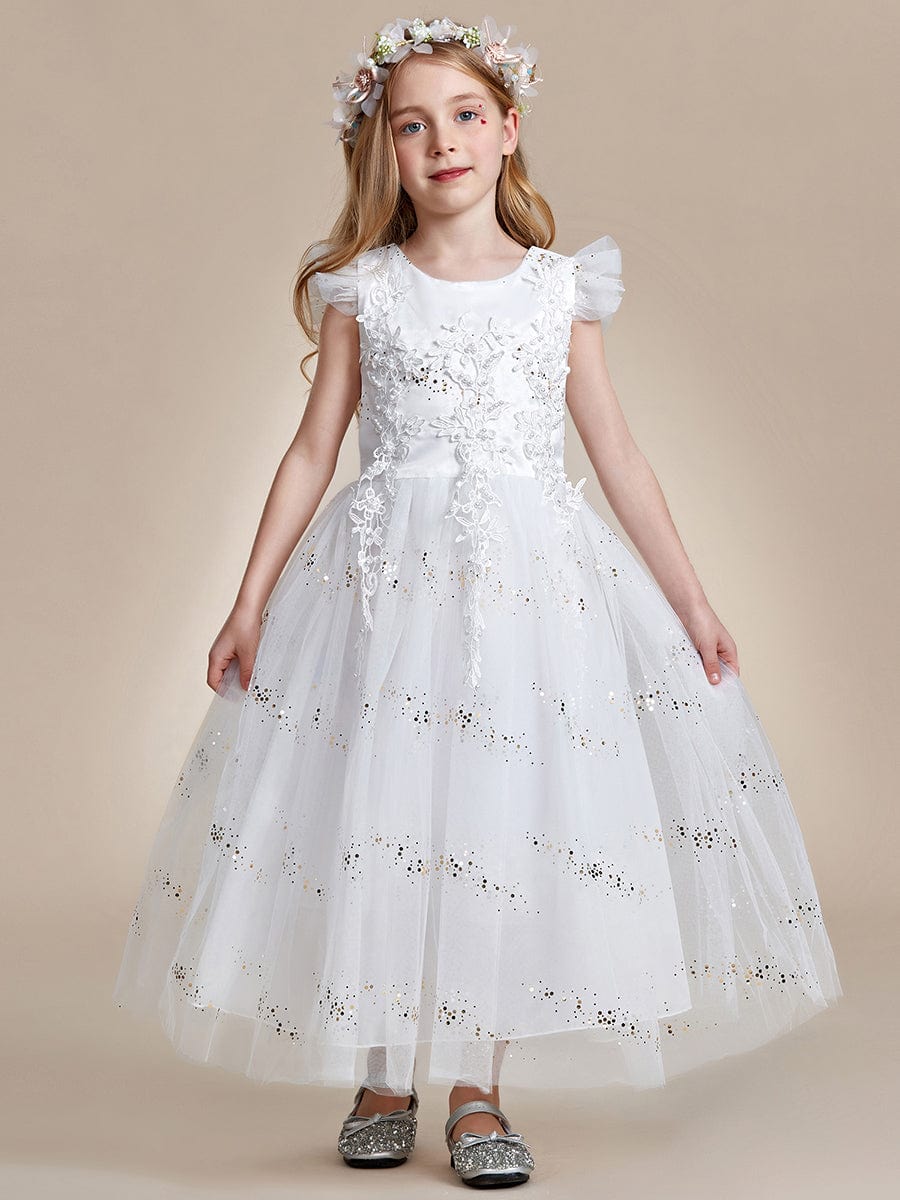 Robe Enfant d'Honneur princesse en dentelle et paillettes à manches volantées #Couleur_Blanc
