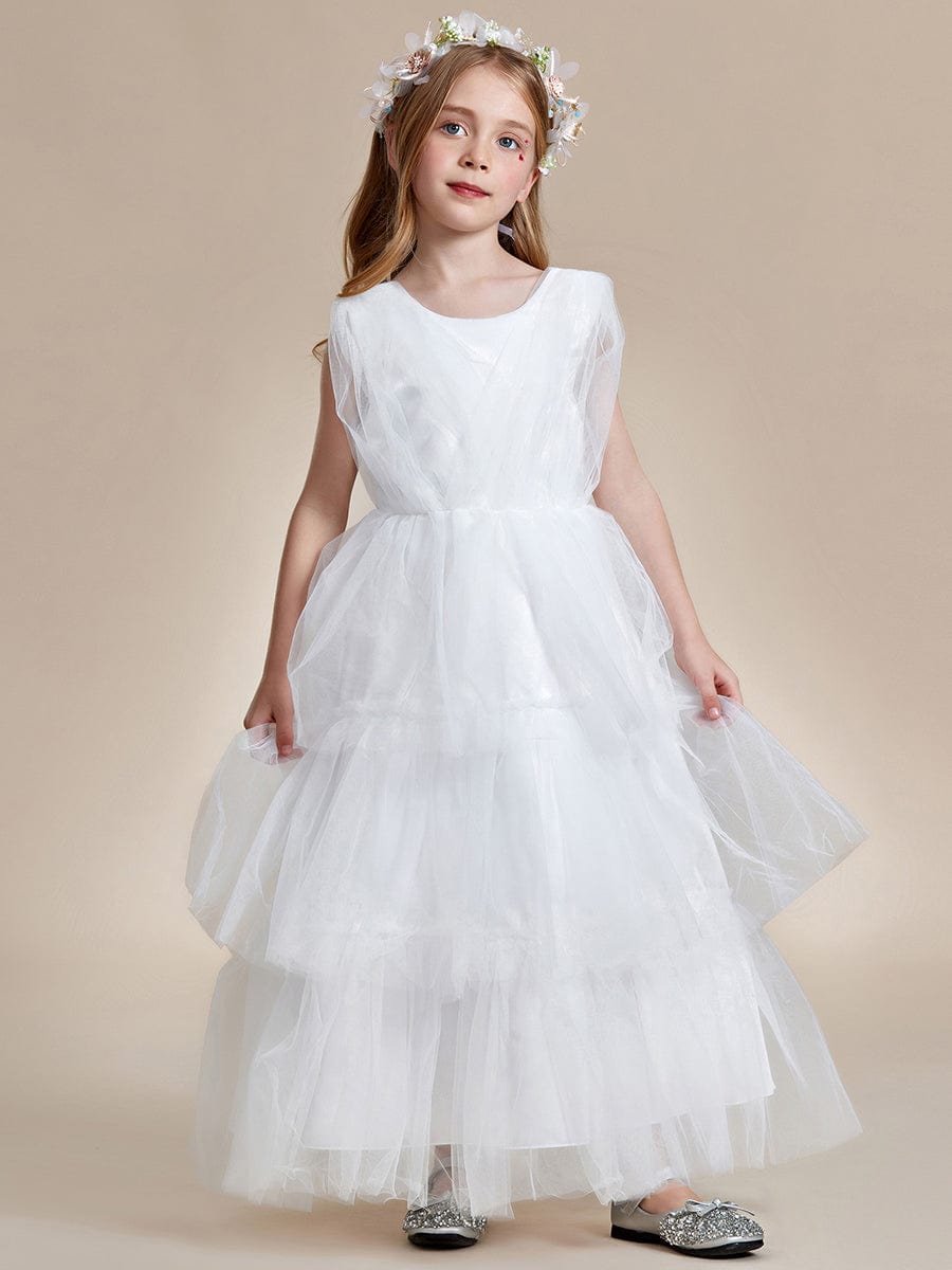 Robe Enfant d'Honneur en couches sans manches de style princesse #Couleur_Blanc Robe Enfant d'Honneur en couches sans manches de style princesse