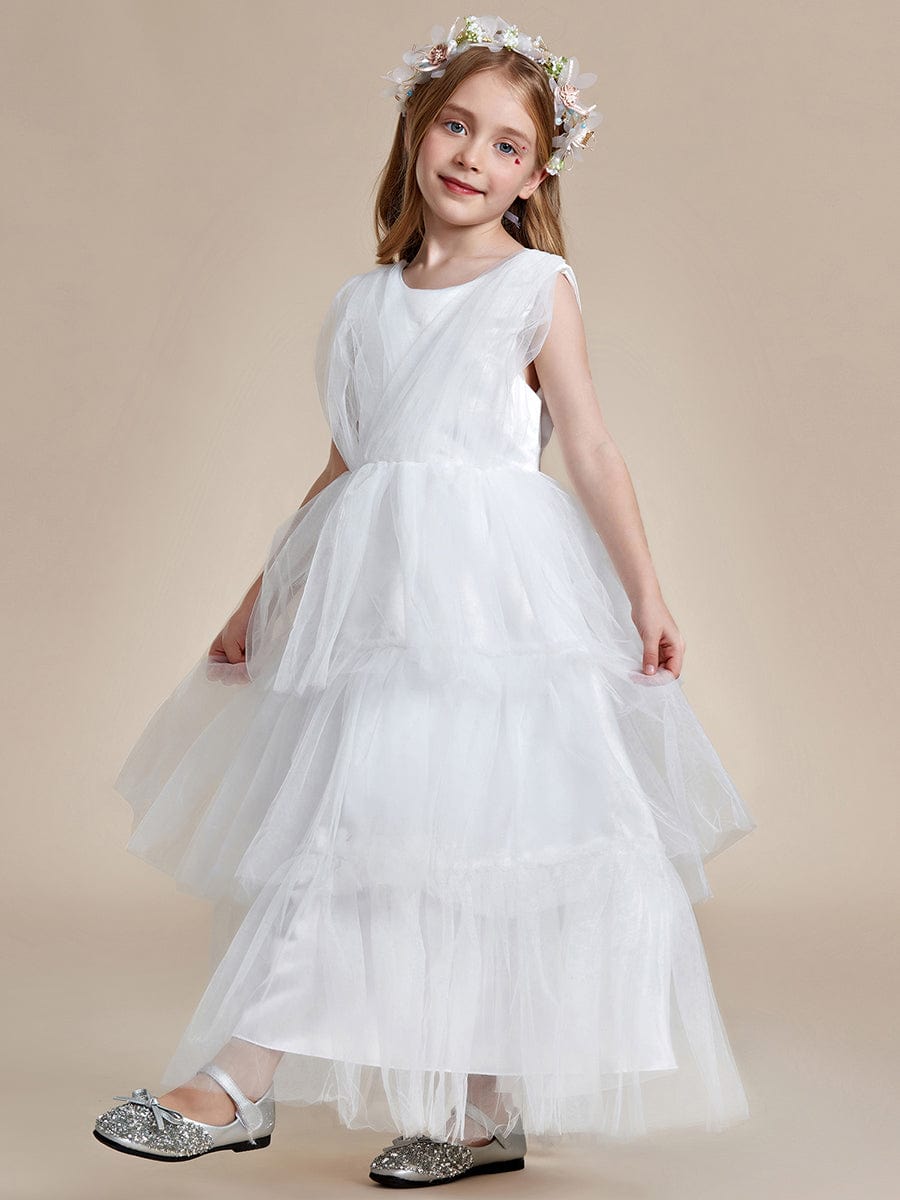 Robe Enfant d'Honneur en couches sans manches de style princesse #Couleur_Blanc Robe Enfant d'Honneur en couches sans manches de style princesse