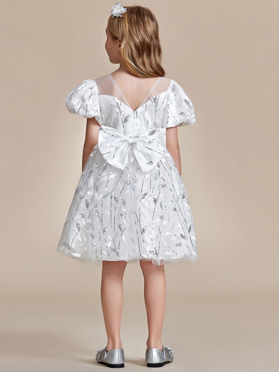 Robe Enfant d'Honneur A-ligne scintillante avec manches bouffantes #Couleur_Blanc