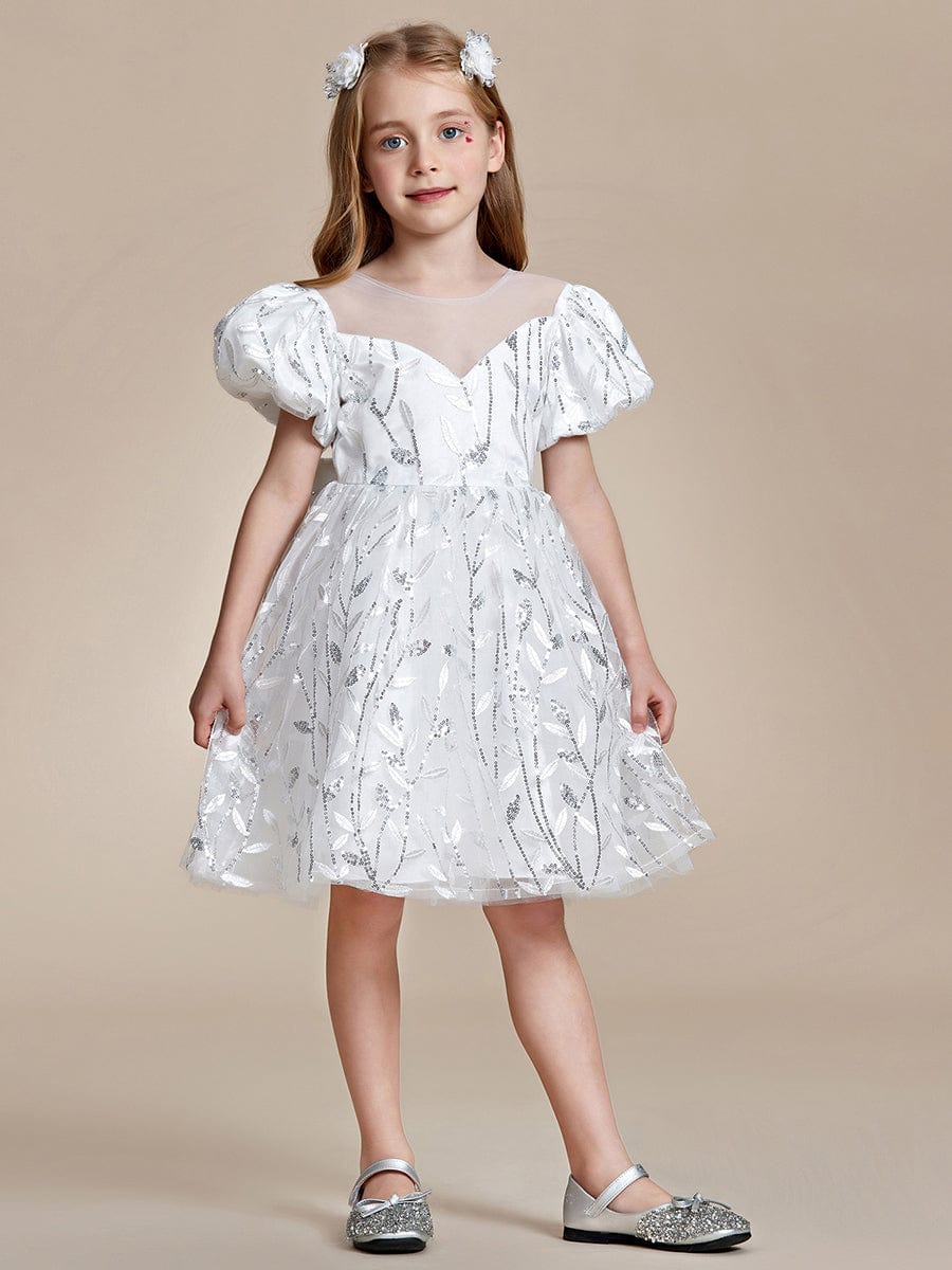 Robe Enfant d'Honneur A-ligne scintillante avec manches bouffantes #Couleur_Blanc Robe Enfant d'Honneur A-ligne scintillante avec manches bouffantes