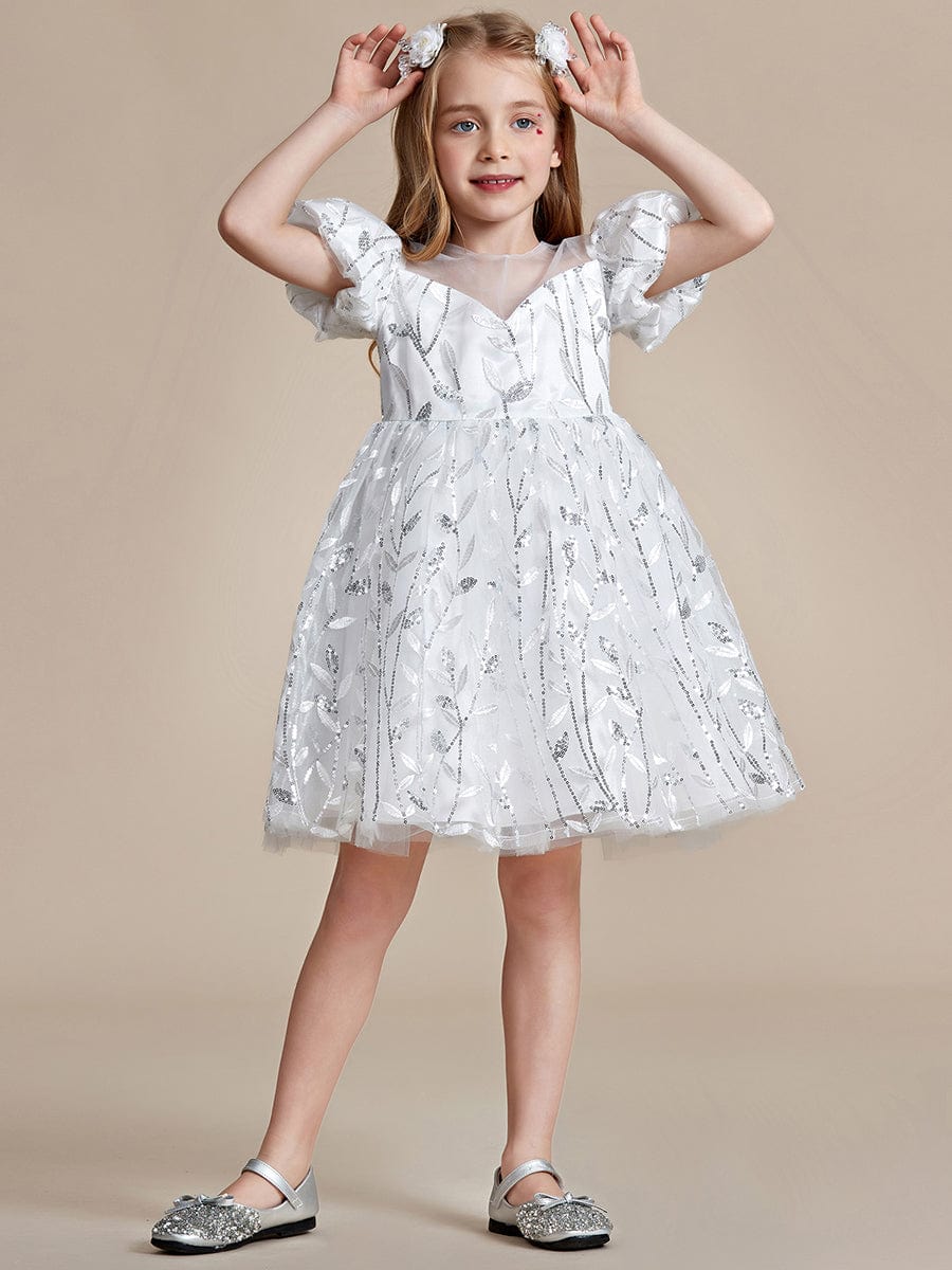 Robe Enfant d'Honneur A-ligne scintillante avec manches bouffantes #Couleur_Blanc