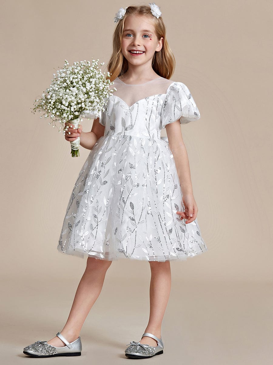 Robe Enfant d'Honneur A-ligne scintillante avec manches bouffantes #Couleur_Blanc Robe Enfant d'Honneur A-ligne scintillante avec manches bouffantes