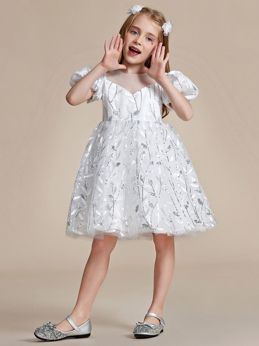 Robe Enfant d'Honneur A-ligne scintillante avec manches bouffantes #Couleur_Blanc