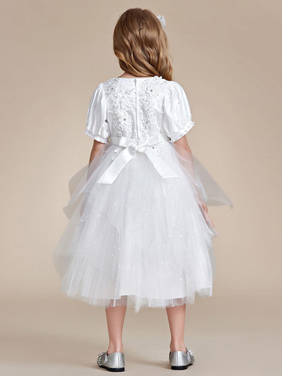 Robe Enfant d'Honneur princesse Jolie en dentelle à manches bouffantes #Couleur_Blanc Robe Enfant d'Honneur princesse Jolie en dentelle à manches bouffantes