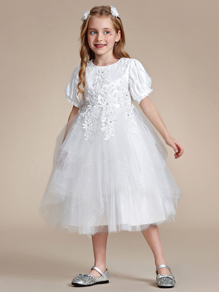 Robe Enfant d'Honneur princesse Jolie en dentelle à manches bouffantes #Couleur_Blanc Robe Enfant d'Honneur princesse Jolie en dentelle à manches bouffantes