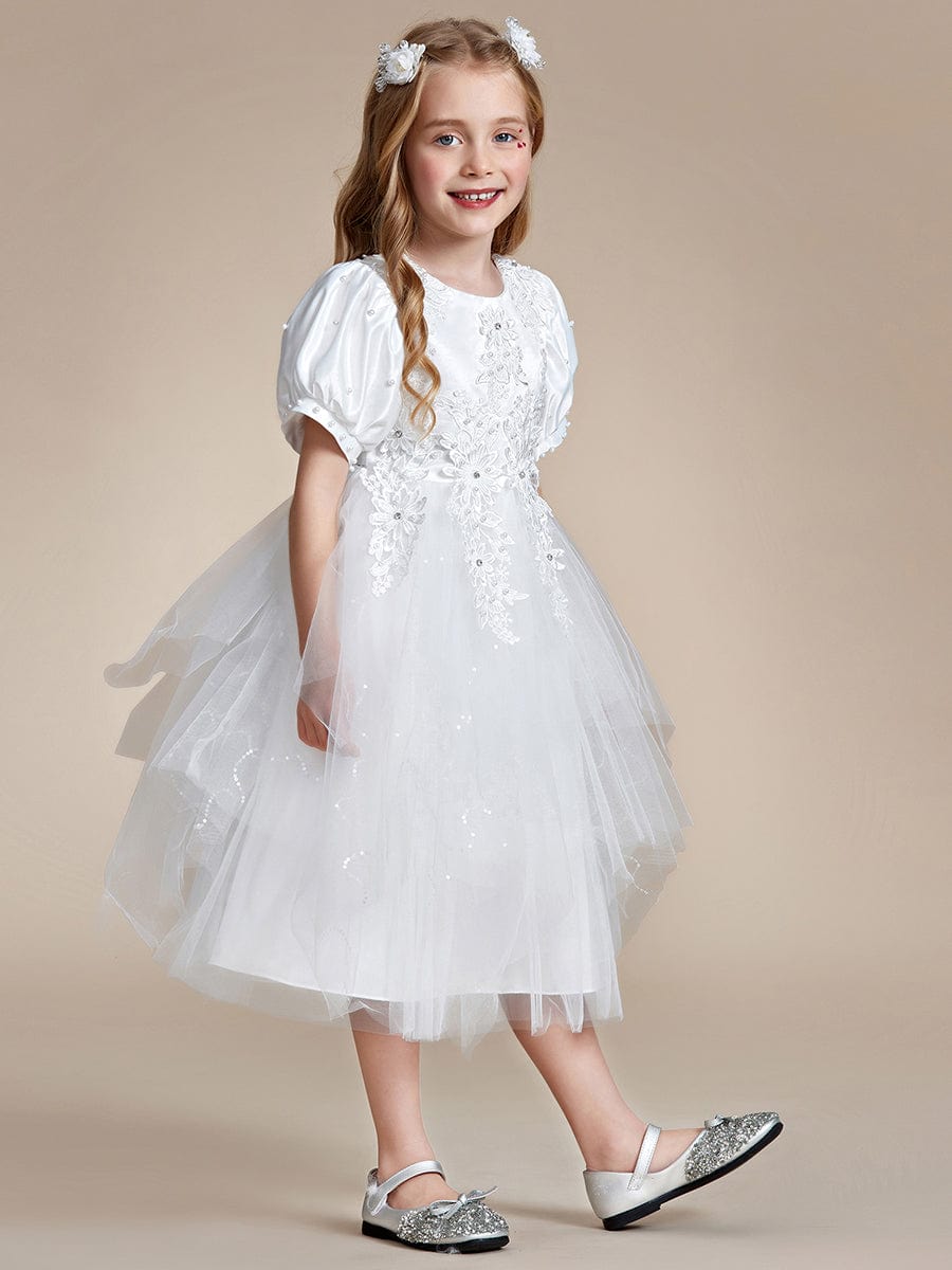 Robe Enfant d'Honneur princesse Jolie en dentelle à manches bouffantes #Couleur_Blanc Robe Enfant d'Honneur princesse Jolie en dentelle à manches bouffantes