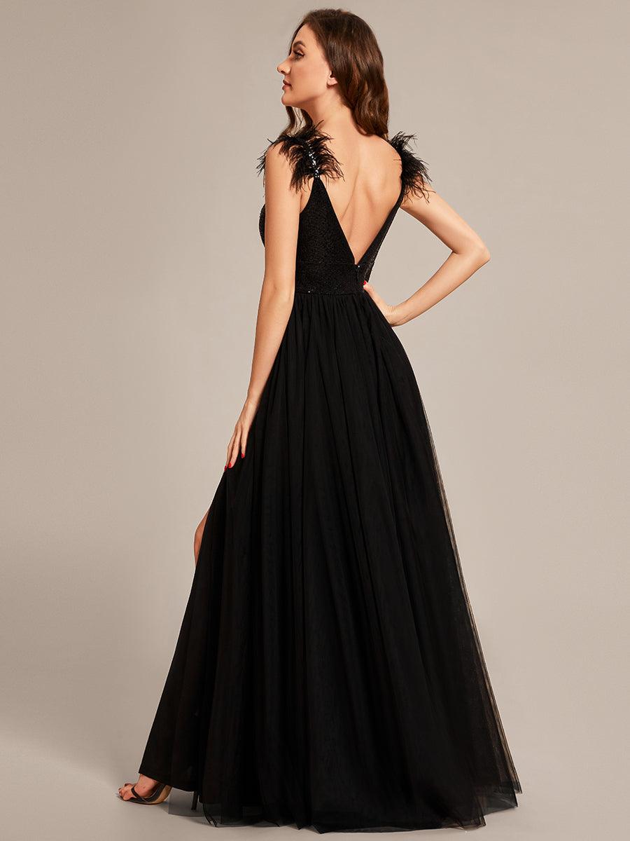 Taille personnalisée Robe de bal glissé haut en fausse plume avec paillettes #Couleur_Noir Taille personnalisée Robe de bal glissé haut en fausse plume avec paillettes