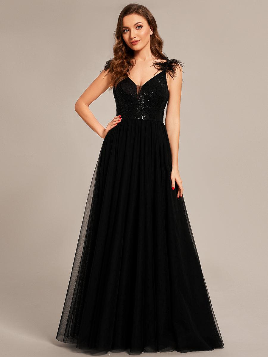 Taille personnalisée Robe de bal glissé haut en fausse plume avec paillettes #Couleur_Noir Taille personnalisée Robe de bal glissé haut en fausse plume avec paillettes