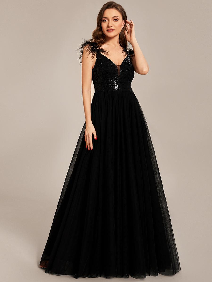 Taille personnalisée Robe de bal glissé haut en fausse plume avec paillettes #Couleur_Noir Taille personnalisée Robe de bal glissé haut en fausse plume avec paillettes