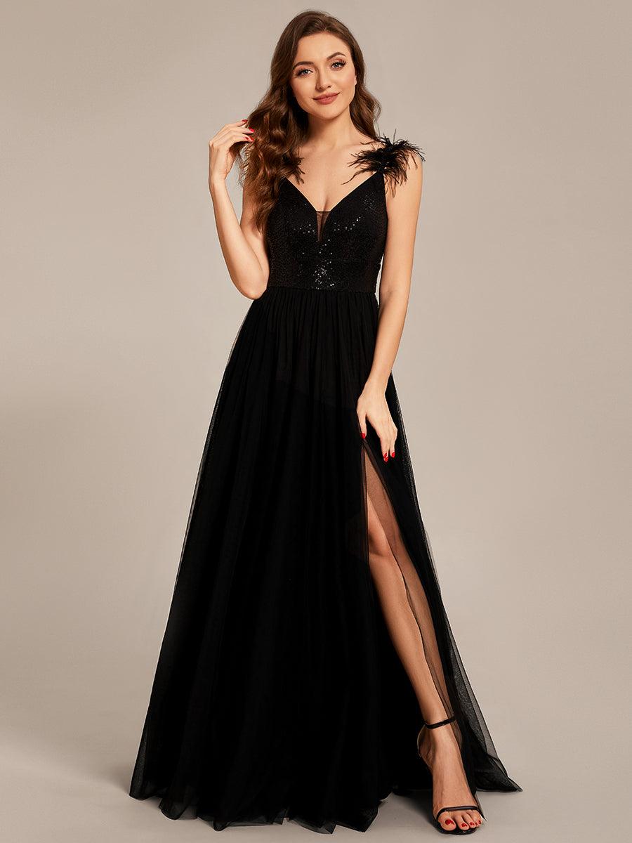 Taille personnalisée Robe de bal glissé haut en fausse plume avec paillettes #Couleur_Noir Taille personnalisée Robe de bal glissé haut en fausse plume avec paillettes