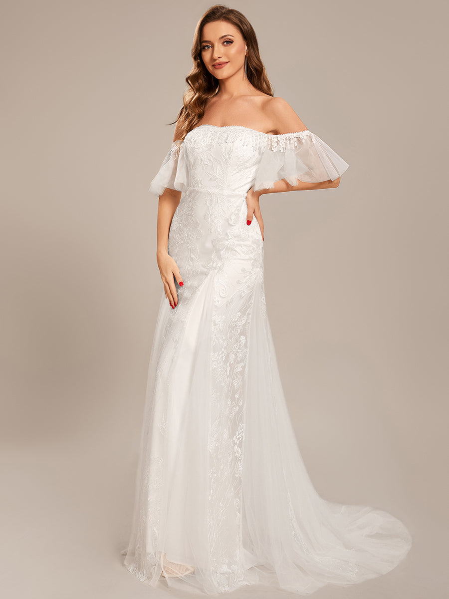 Taille personnalisée Robe de mariée en dentelle sirène moulante à épaules dénudées #Couleur_Blanc Taille personnalisée Robe de mariée en dentelle sirène moulante à épaules dénudées