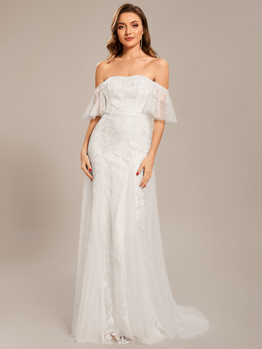 Taille personnalisée Robe de mariée en dentelle sirène moulante à épaules dénudées #Couleur_Blanc Taille personnalisée Robe de mariée en dentelle sirène moulante à épaules dénudées