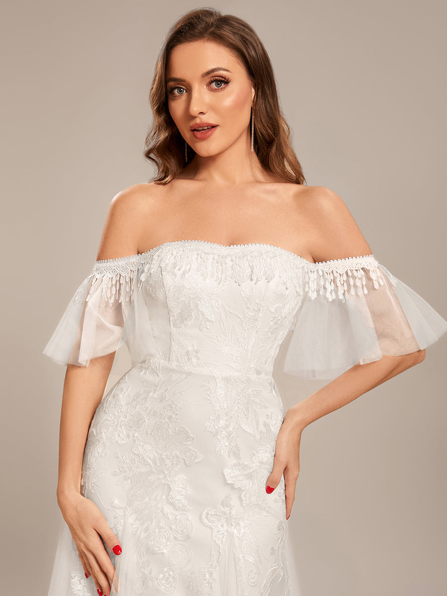 Taille personnalisée Robe de mariée en dentelle sirène moulante à épaules dénudées #Couleur_Blanc Taille personnalisée Robe de mariée en dentelle sirène moulante à épaules dénudées