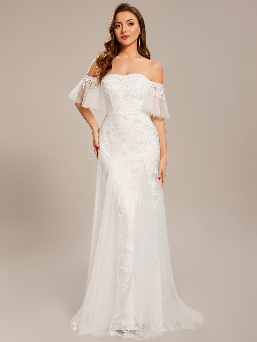 Taille personnalisée Robe de mariée en dentelle sirène moulante à épaules dénudées #Couleur_Blanc Taille personnalisée Robe de mariée en dentelle sirène moulante à épaules dénudées