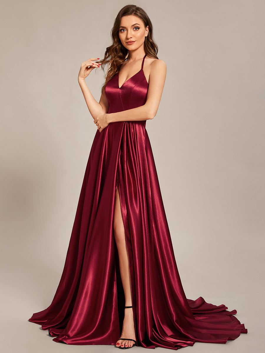 Taille personnalisée Robe de ballongue au sol avec fente sur le devant et col licou #Couleur_Bordeaux Taille personnalisée Robe de bal longue au sol avec fente sur le devant et col licou