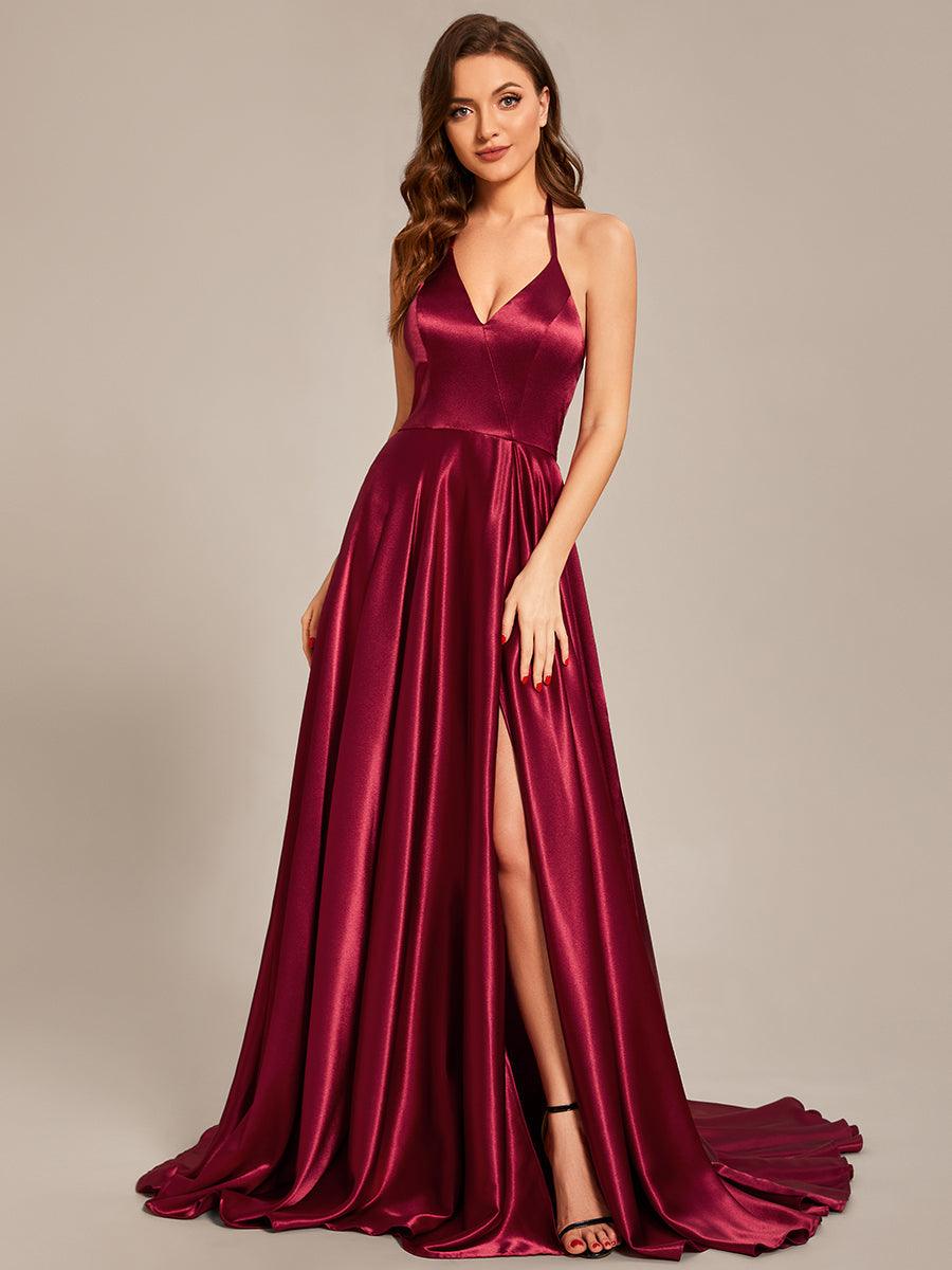 Taille personnalisée Robe de ballongue au sol avec fente sur le devant et col licou #Couleur_Bordeaux Taille personnalisée Robe de bal longue au sol avec fente sur le devant et col licou