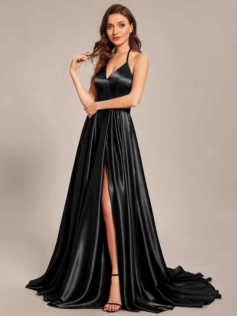 Taille personnalisée Robe de ballongue au sol avec fente sur le devant et col licou #Couleur_Bordeaux Taille personnalisée Robe de bal longue au sol avec fente sur le devant et col licou