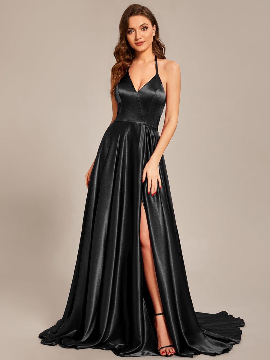 Taille personnalisée Robe de ballongue au sol avec fente sur le devant et col licou #Couleur_Bordeaux Taille personnalisée Robe de bal longue au sol avec fente sur le devant et col licou
