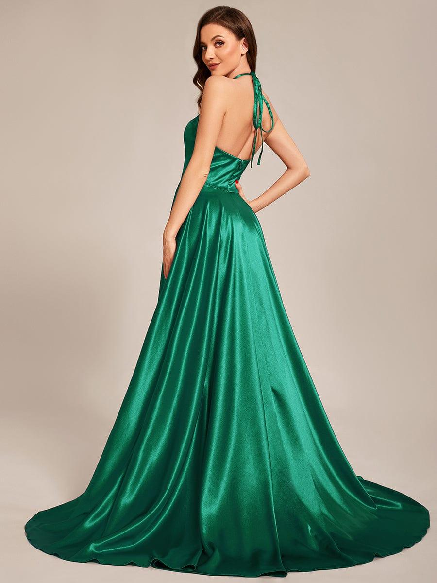 Taille personnalisée Robe de ballongue au sol avec fente sur le devant et col licou #Couleur_Bordeaux Taille personnalisée Robe de bal longue au sol avec fente sur le devant et col licou