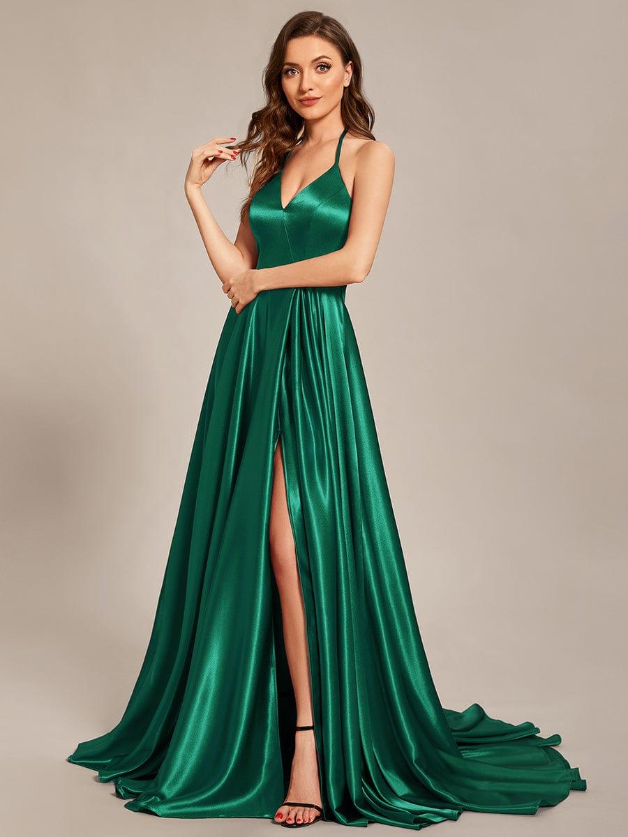 Taille personnalisée Robe de ballongue au sol avec fente sur le devant et col licou #Couleur_Bordeaux Taille personnalisée Robe de bal longue au sol avec fente sur le devant et col licou