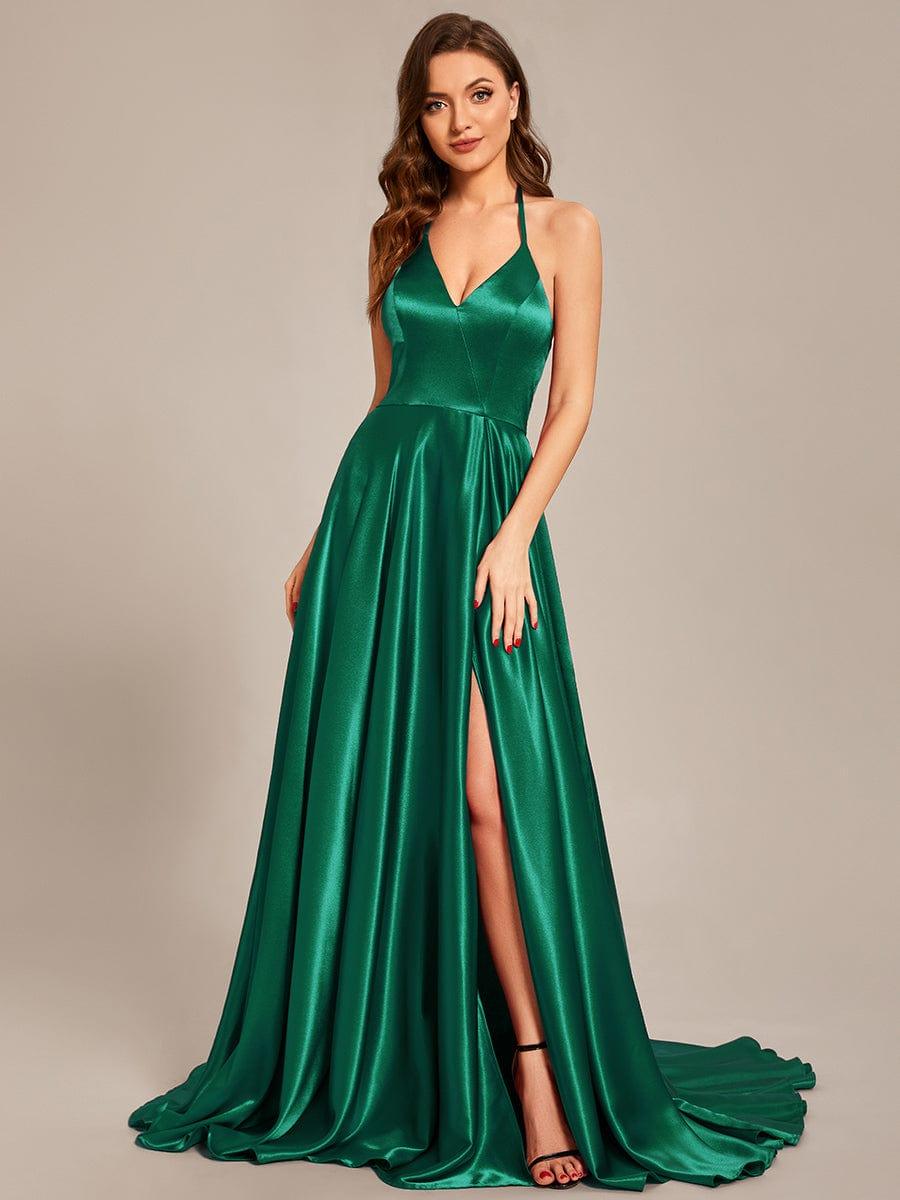 Taille personnalisée Robe de ballongue au sol avec fente sur le devant et col licou #Couleur_Bordeaux Taille personnalisée Robe de bal longue au sol avec fente sur le devant et col licou
