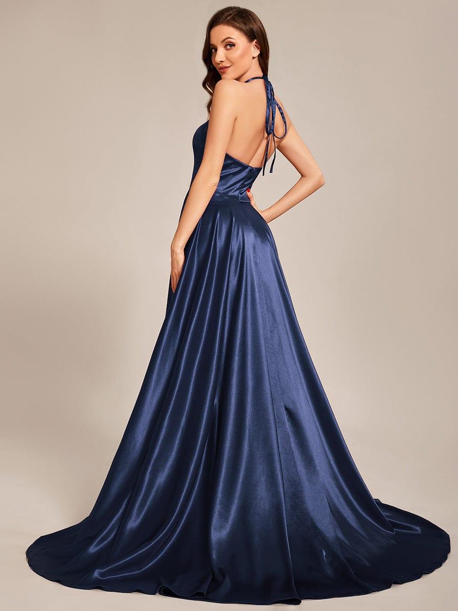 Taille personnalisée Robe de ballongue au sol avec fente sur le devant et col licou #Couleur_Bordeaux Taille personnalisée Robe de bal longue au sol avec fente sur le devant et col licou