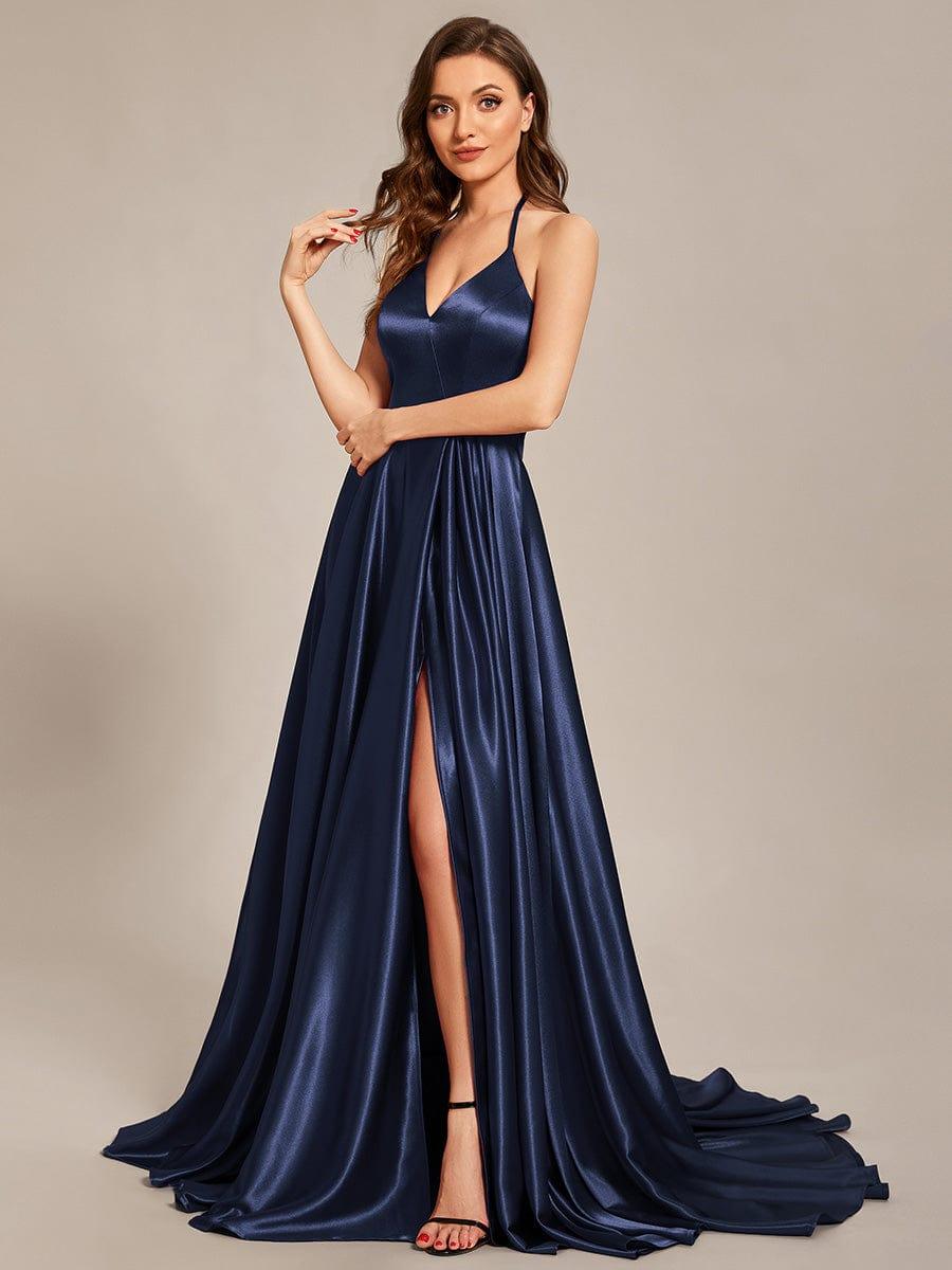 Taille personnalisée Robe de ballongue au sol avec fente sur le devant et col licou #Couleur_Bordeaux Taille personnalisée Robe de bal longue au sol avec fente sur le devant et col licou