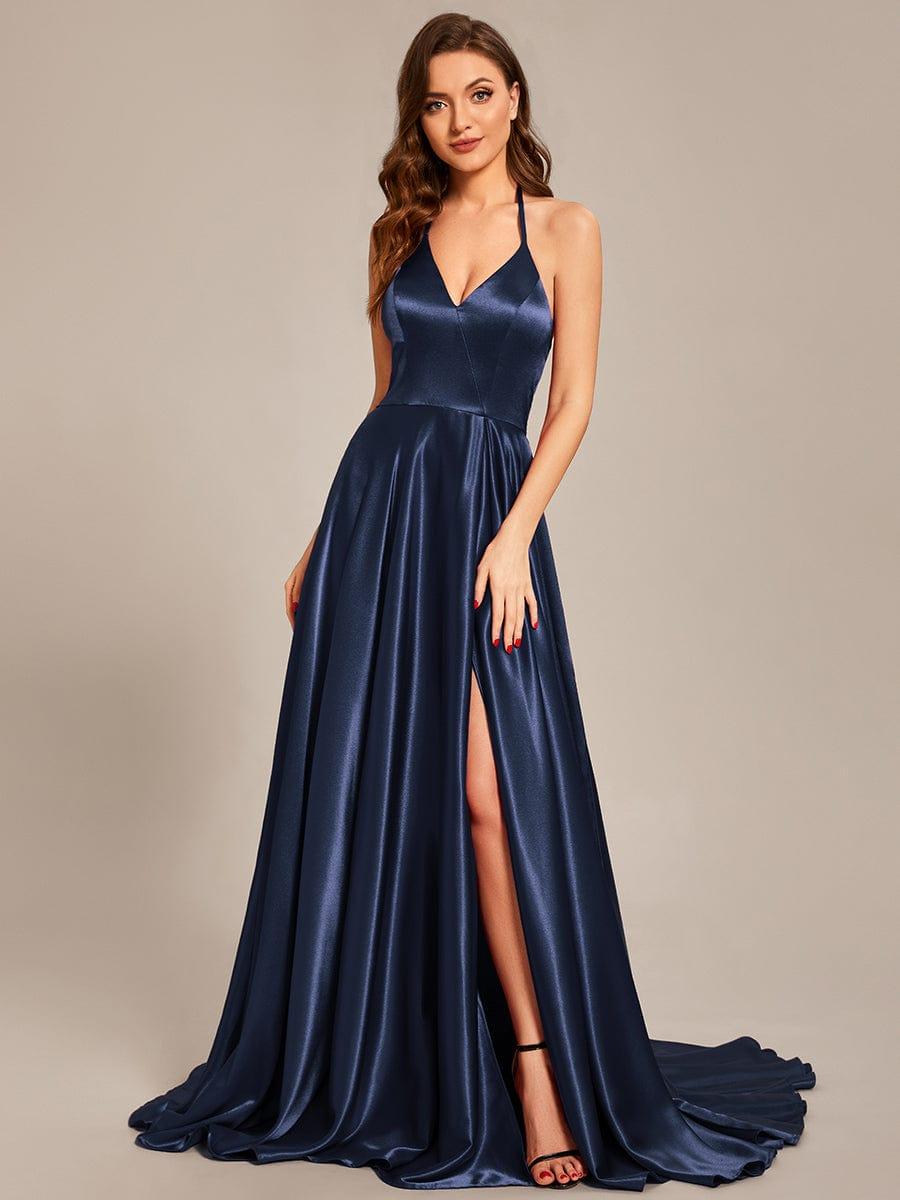 Taille personnalisée Robe de ballongue au sol avec fente sur le devant et col licou #Couleur_Bordeaux Taille personnalisée Robe de bal longue au sol avec fente sur le devant et col licou