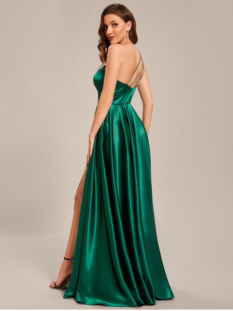 Taille personnalisée Robe de bal une épaule longue en satin une ligne #Couleur_Vert Fonce Taille personnalisée Robe de bal une épaule longue en satin une ligne