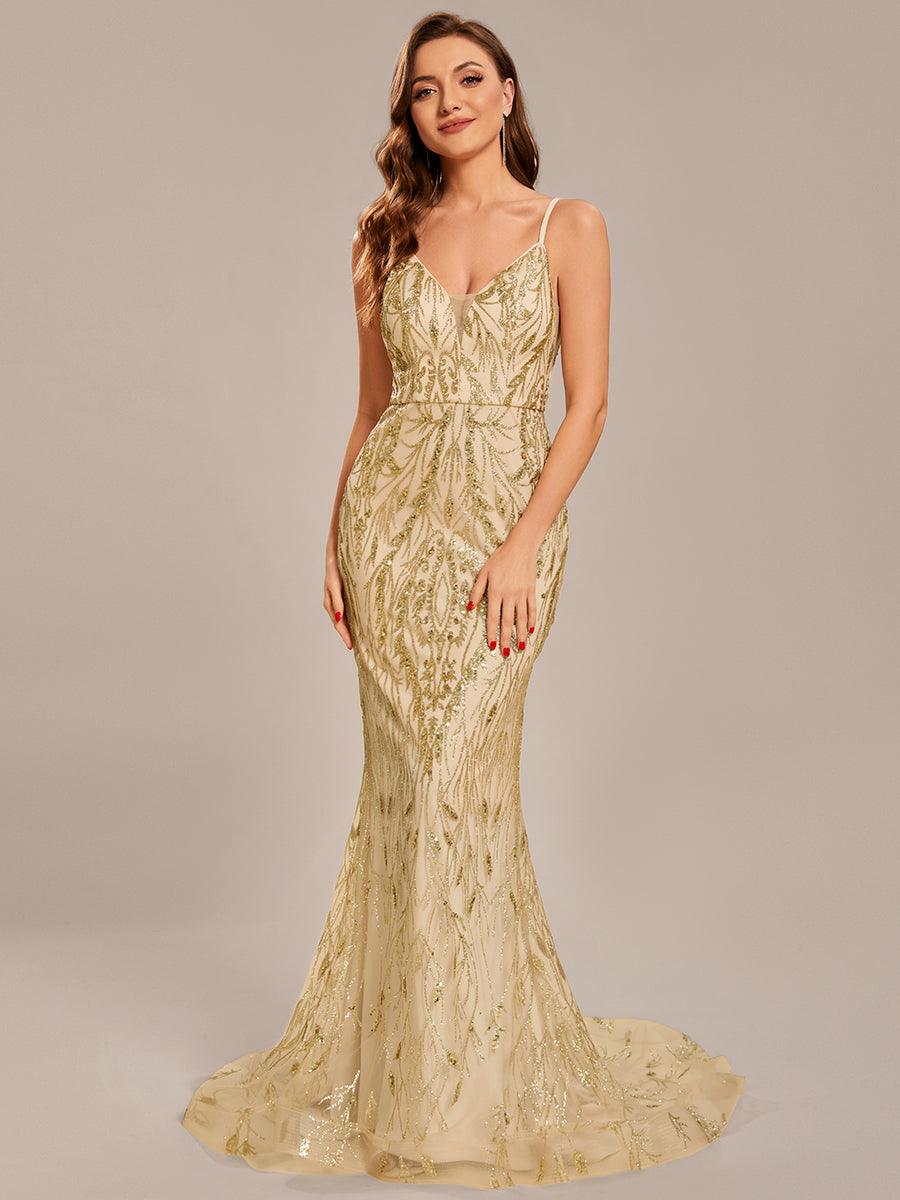 Taille personnalisée élégante Robe de bal longue sirène à bretelles minces #Couleur_Or Taille personnalisée élégante Robe de bal longue sirène à bretelles minces