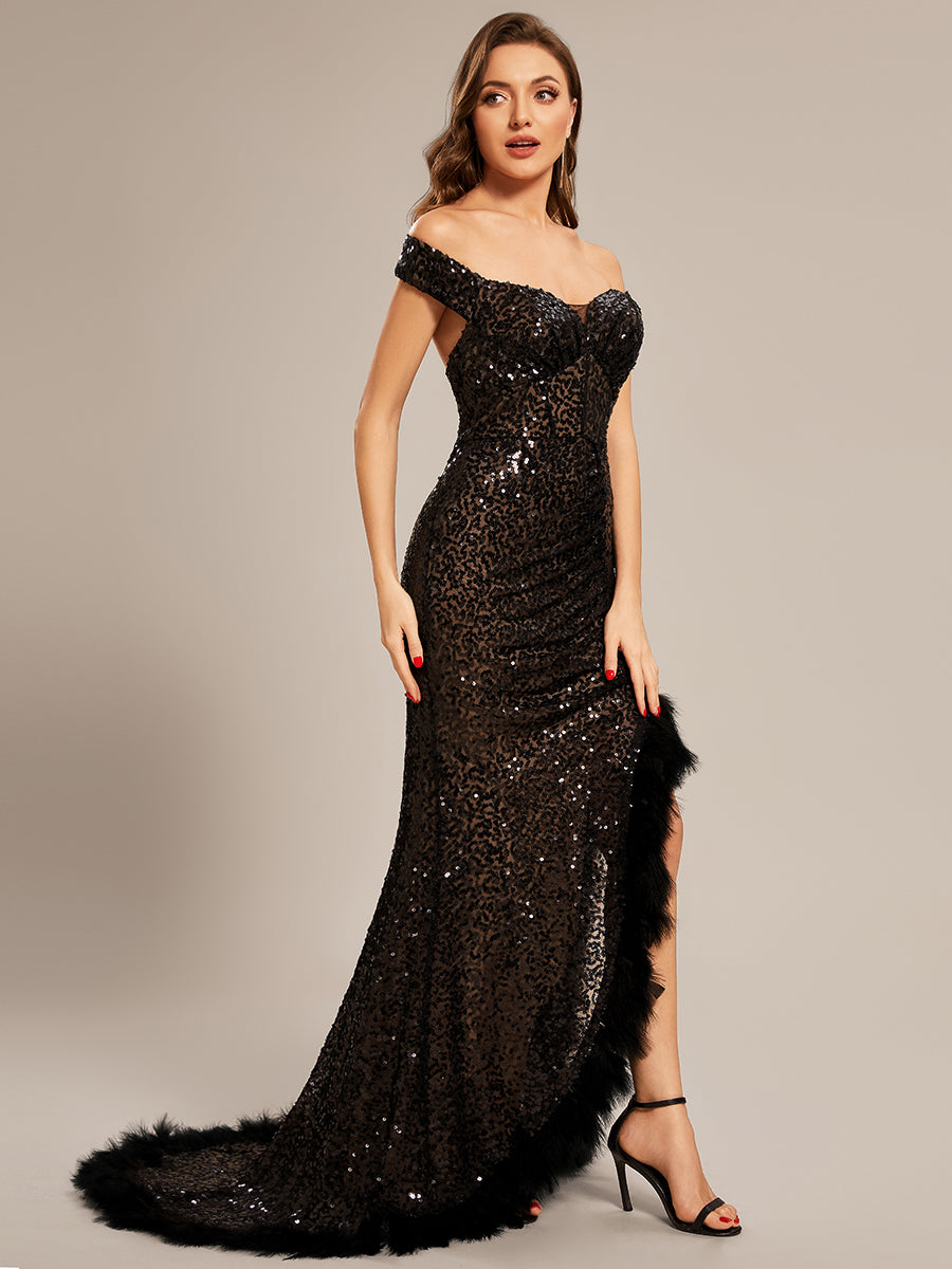 Taille personnalisée Robe de bal fendue plumes à sequins et épaules dénudées #Couleur_Noir Taille personnalisée Robe de bal fendue plumes à sequins et épaules dénudées