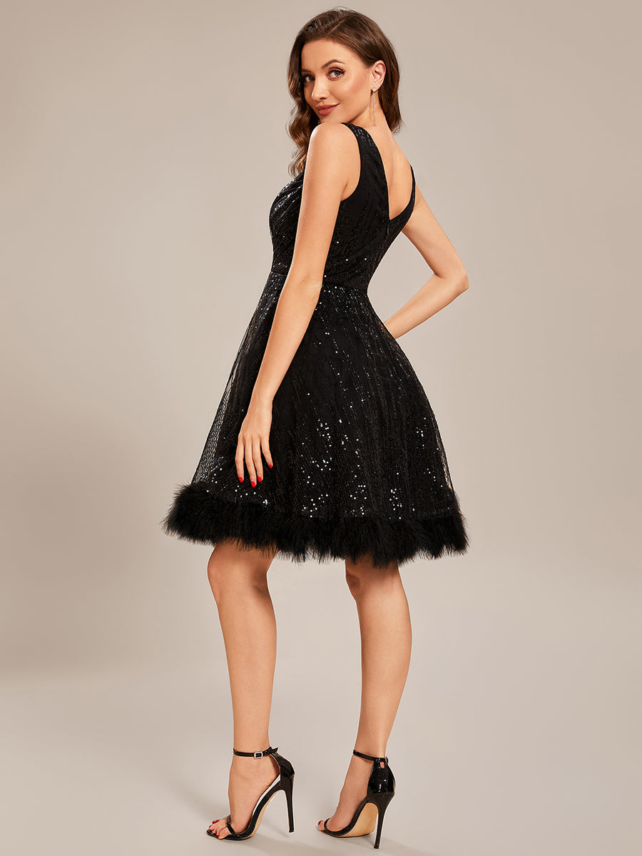 Taille personnalisée Paillettes courte en plumes de cygne Robe de bal #Couleur_Noir Taille personnalisée Paillettes courte en plumes de cygne Robe de bal