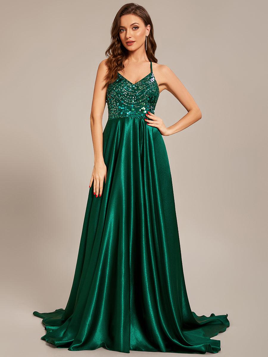 Taille personnalisée Robe de bal longue à col en V scintillant #Couleur_Vert Fonce Taille personnalisée Robe de bal longue à col en V scintillant