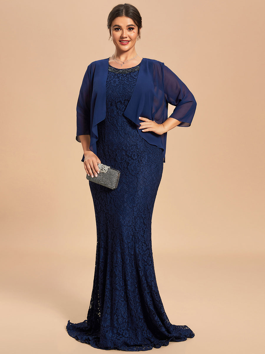 Taille personnalisée Robe Mère De La Mariée sirène dentelle Veste en mousseline deux pièces #Couleur_Bleu Marine Taille personnalisée Robe Mère De La Mariée sirène dentelle Veste en mousseline deux pièces