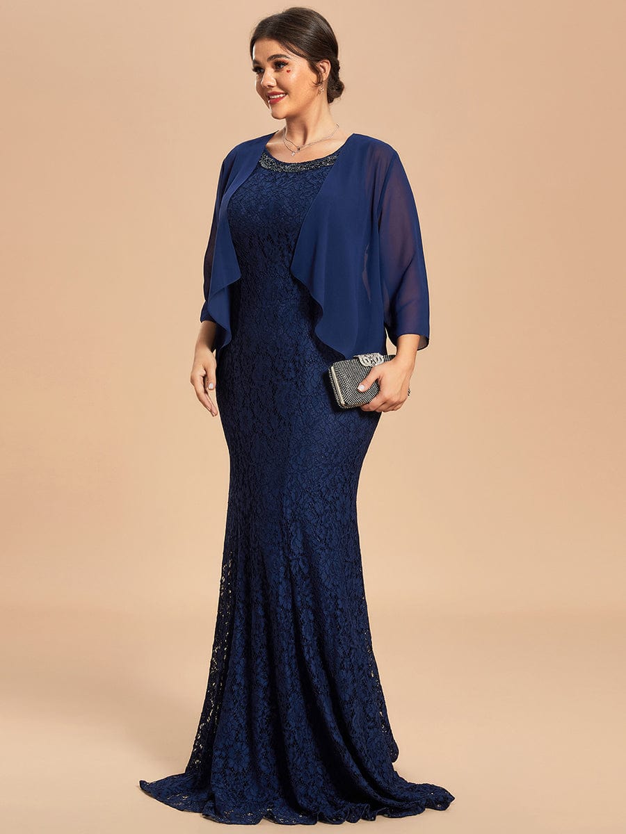 Taille personnalisée Robe Mère De La Mariée sirène dentelle Veste en mousseline deux pièces #Couleur_Bleu Marine Taille personnalisée Robe Mère De La Mariée sirène dentelle Veste en mousseline deux pièces