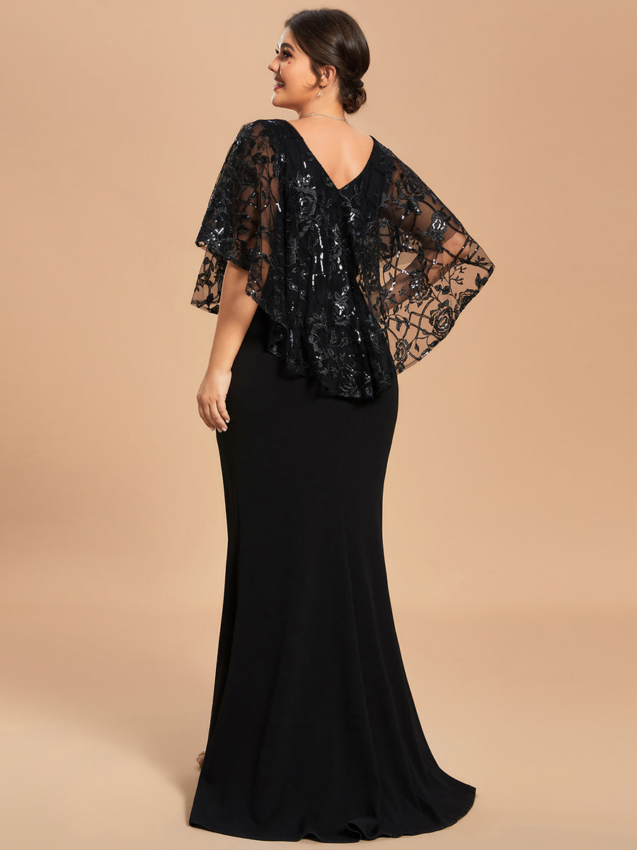 Taille personnalisée Robe Mère De La Mariée Sirène col en V brodé Cape manches courtes longue #Couleur_Noir Taille personnalisée Robe Mère De La Mariée Sirène col en V brodé Cape manches courtes longue
