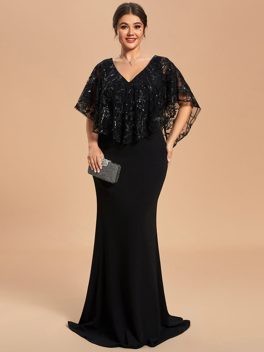 Taille personnalisée Robe Mère De La Mariée Sirène col en V brodé Cape manches courtes longue #Couleur_Noir Taille personnalisée Robe Mère De La Mariée Sirène col en V brodé Cape manches courtes longue