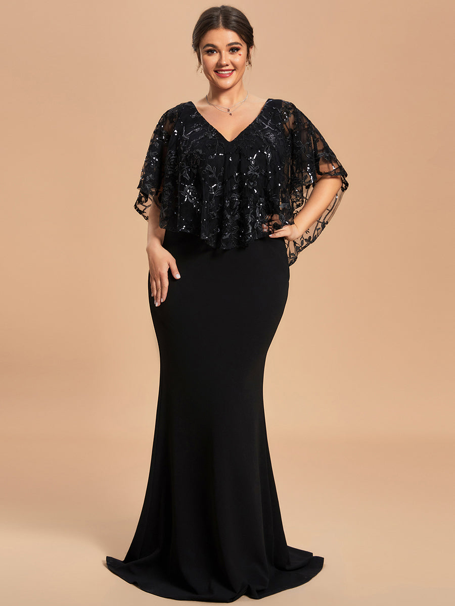 Taille personnalisée Robe Mère De La Mariée Sirène col en V brodé Cape manches courtes longue #Couleur_Noir Taille personnalisée Robe Mère De La Mariée Sirène col en V brodé Cape manches courtes longue