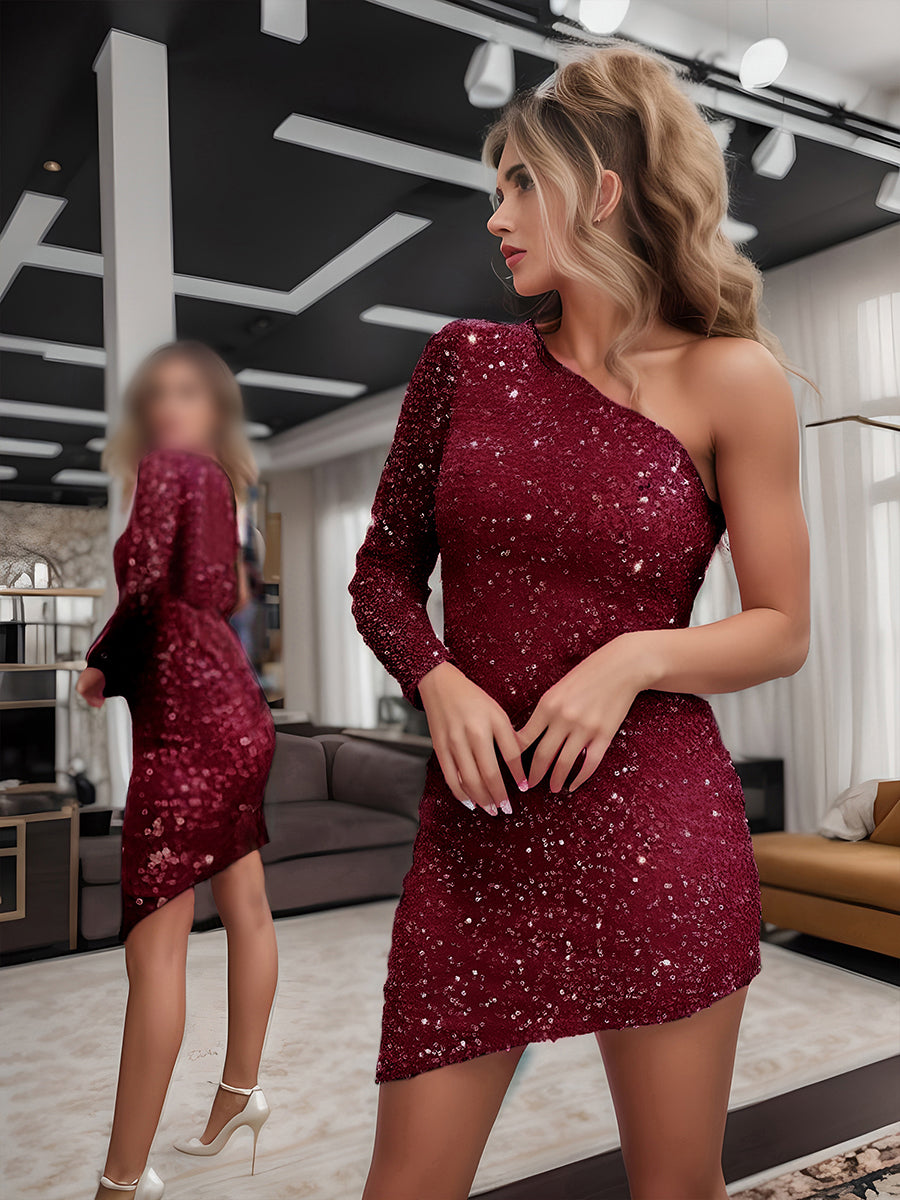 Robe de bal moulante asymétrique à une épaule et à manches longues et paillettes #Couleur_Bordeaux Robe de bal moulante asymétrique à une épaule et à manches longues et paillettes