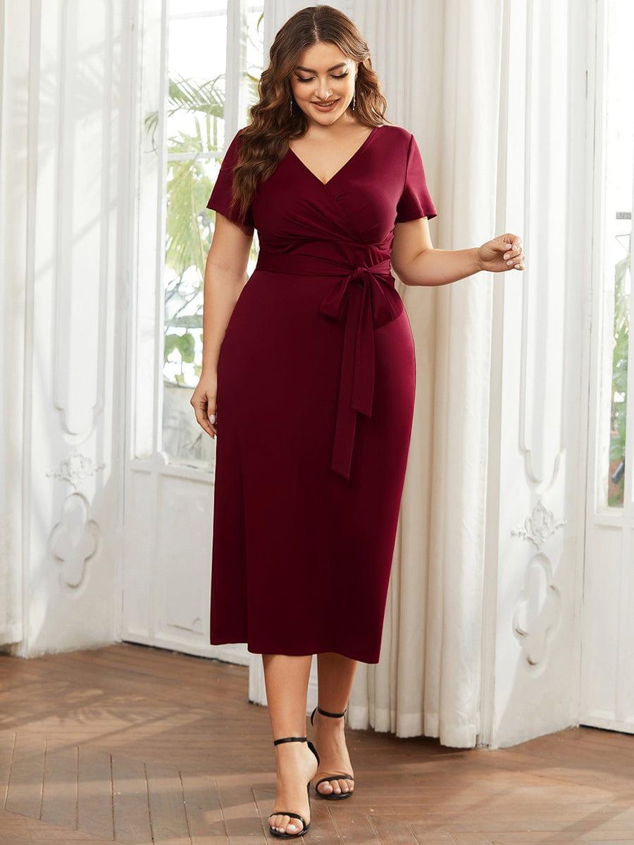 Robe décontractée fourreau à col en V et à taille nouée à manches courtes #Couleur_Marine Fume Robe décontractée fourreau à col en V et à taille nouée à manches courtes